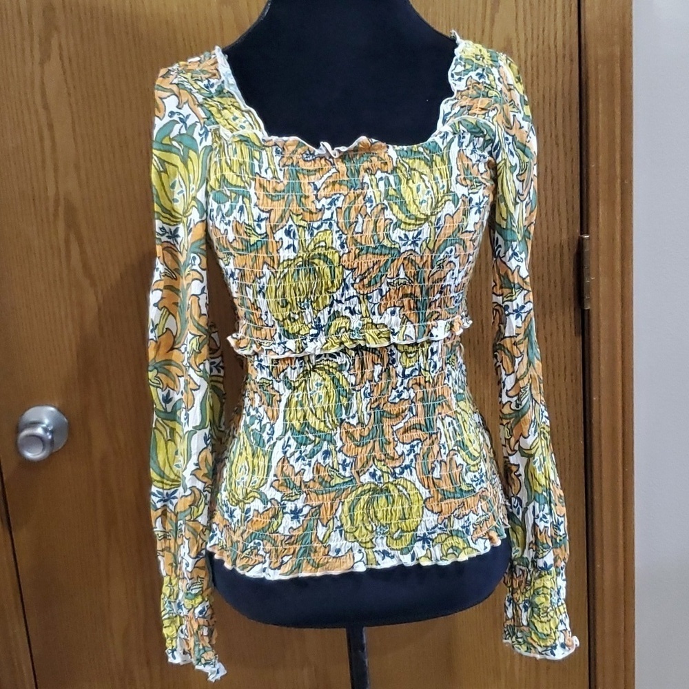 Anthropologie rousched long sleeve multicolored abstract top